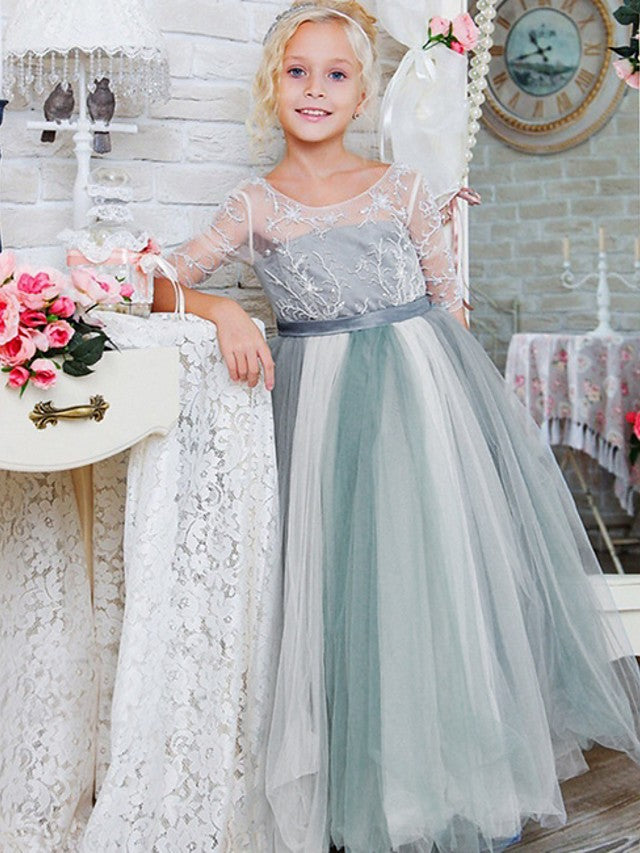 Half Sleeve Jewel Neck A-Line Flower Girl Dress with Lace Tulle and Bow Paillette-BallBride