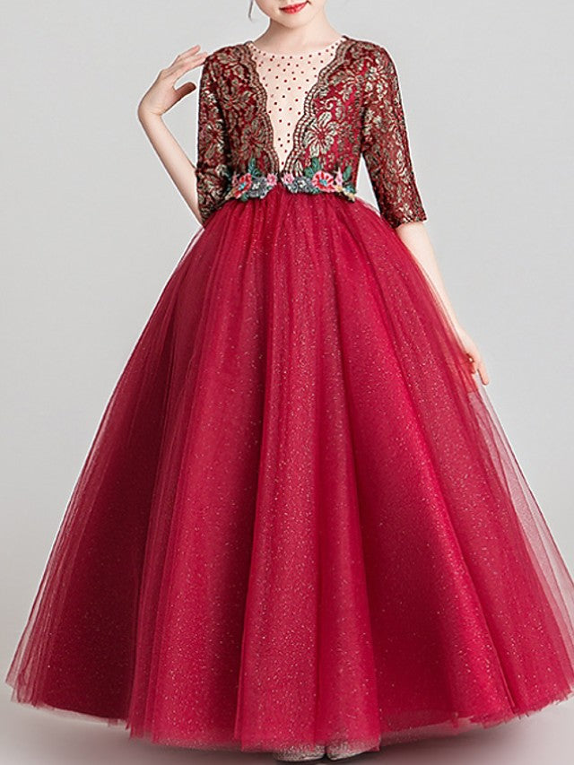 Half Sleeve Jewel Neck Ball Gown with Pattern Print for Flower Girl Dress Floor Length-BallBride