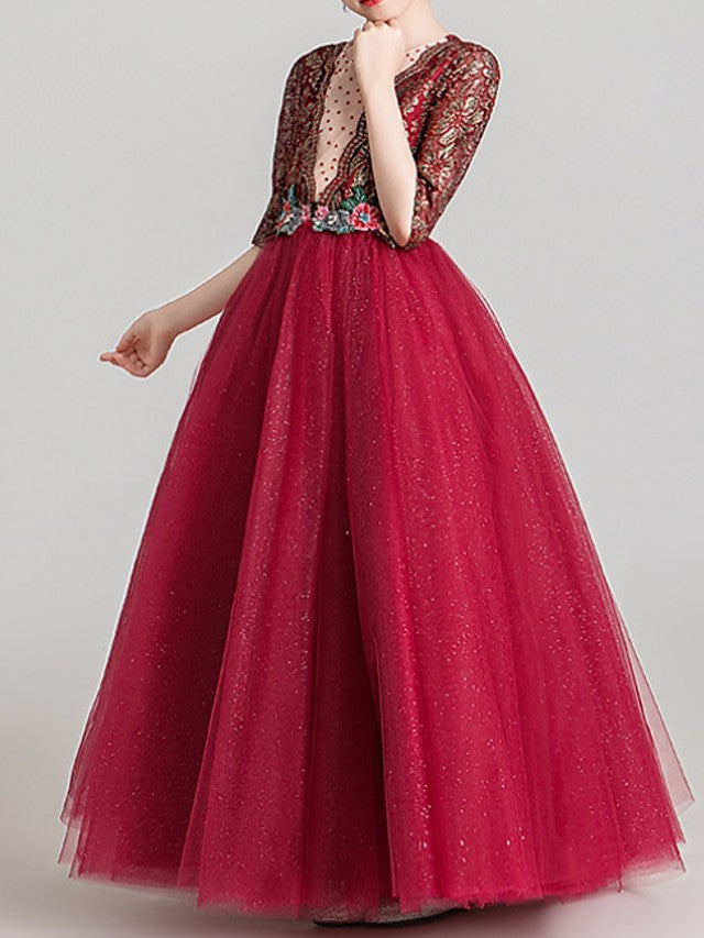 Half Sleeve Jewel Neck Ball Gown with Pattern Print for Flower Girl Dress Floor Length-BallBride