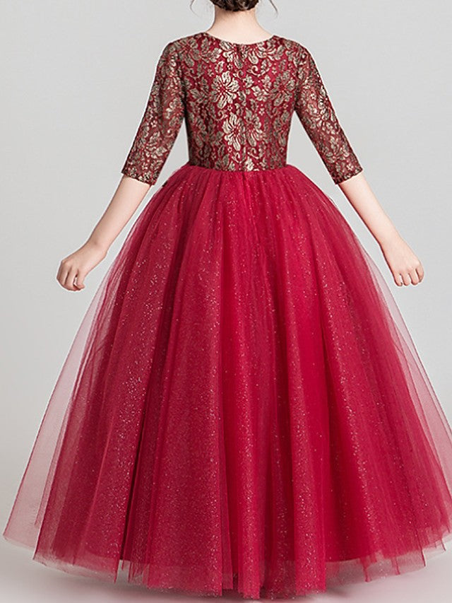 Half Sleeve Jewel Neck Ball Gown with Pattern Print for Flower Girl Dress Floor Length-BallBride