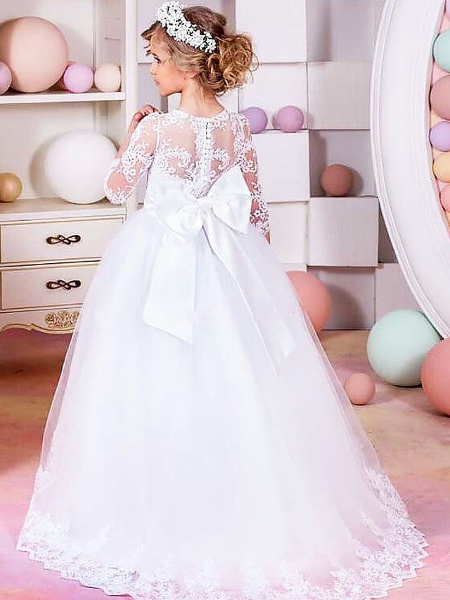 Half Sleeve Jewel Neck Flower Girl Dress with Lace Tulle Sash Ribbon Bow and Solid Color-BallBride