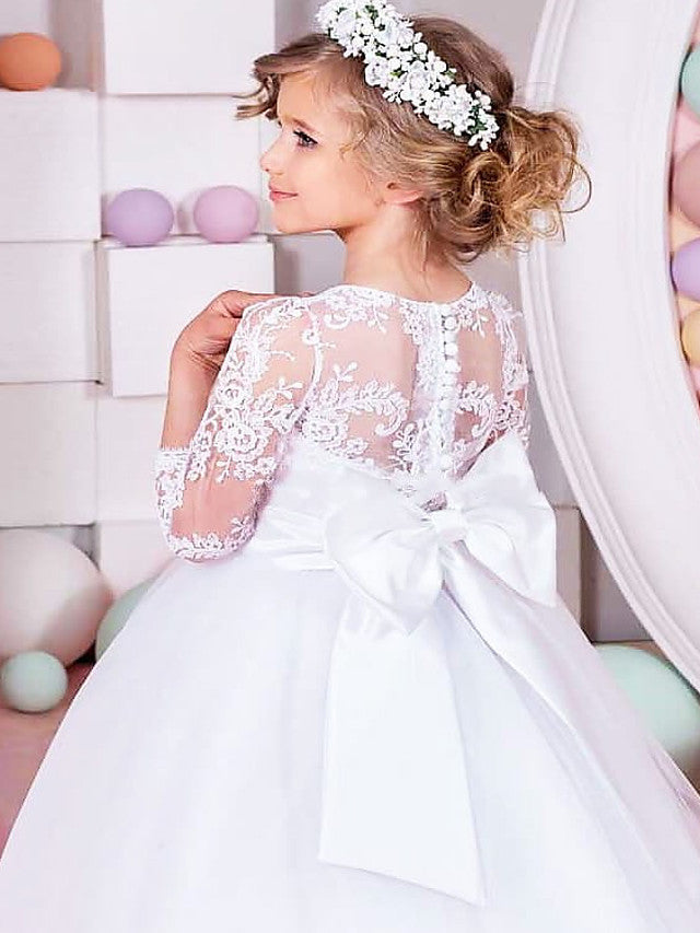 Half Sleeve Jewel Neck Flower Girl Dress with Lace Tulle Sash Ribbon Bow and Solid Color-BallBride