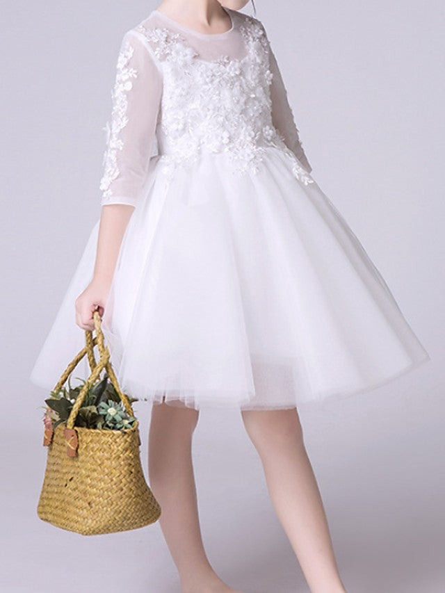 Half Sleeve Jewel Neck Knee Length Flower Girl Dress With Appliques-BallBride
