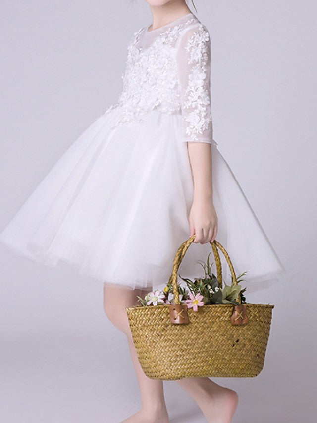 Half Sleeve Jewel Neck Knee Length Flower Girl Dress With Appliques-BallBride
