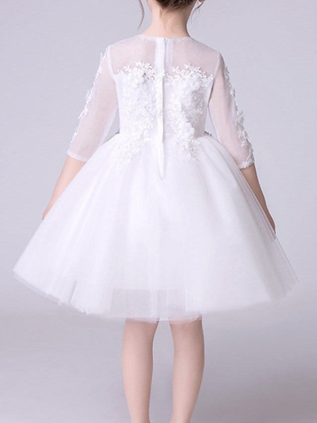 Half Sleeve Jewel Neck Knee Length Flower Girl Dress With Appliques-BallBride