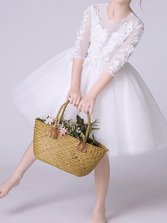 Half Sleeve Jewel Neck Knee Length Flower Girl Dress With Appliques-BallBride