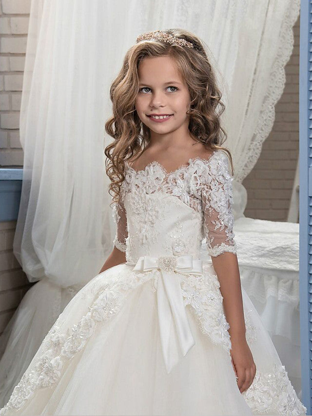 Half Sleeve Lace Ball Gown Flower Girl Dresses with Tulle and Appliques Buttons-BallBride