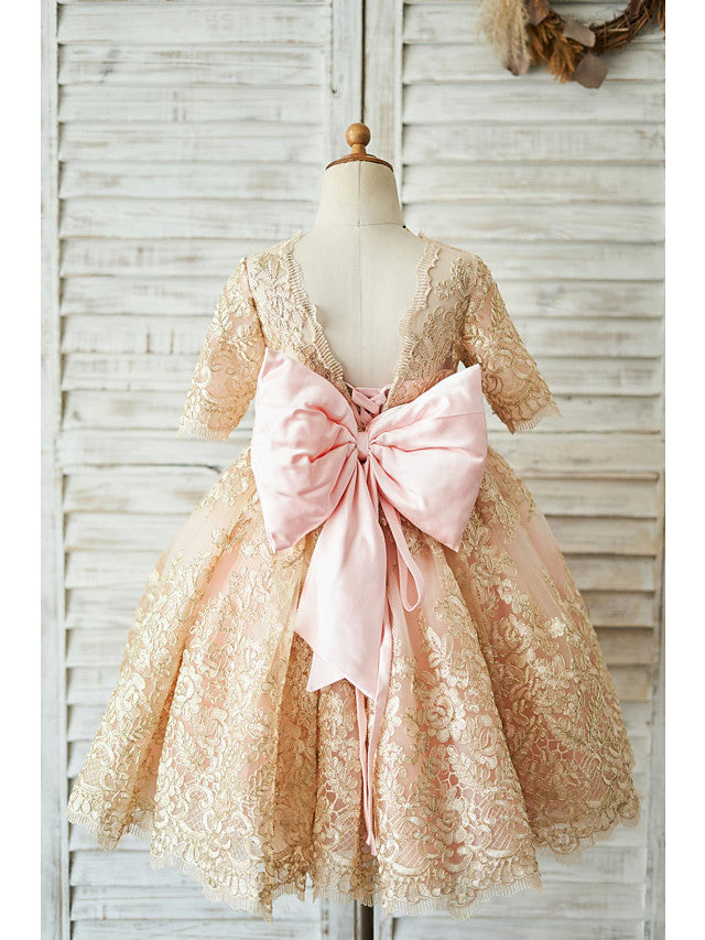 Half Sleeve Lace Neck Knee Length Jewel Ball Gown With Belt for Flower Girl Dress-BallBride