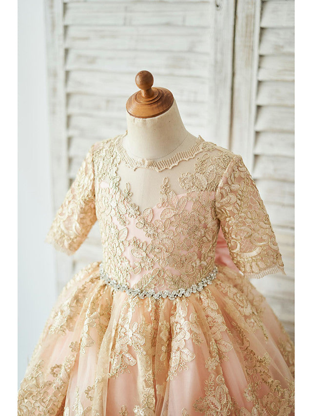 Half Sleeve Lace Neck Knee Length Jewel Ball Gown With Belt for Flower Girl Dress-BallBride