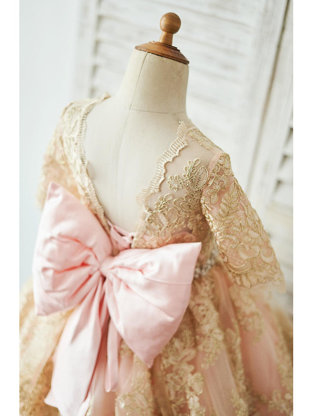 Half Sleeve Lace Neck Knee Length Jewel Ball Gown With Belt for Flower Girl Dress-BallBride