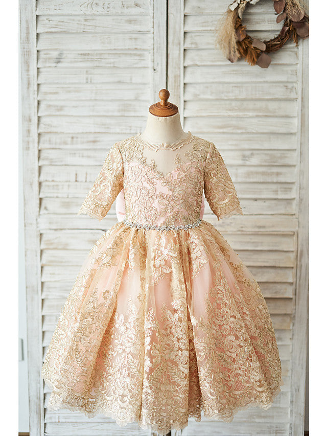 Half Sleeve Lace Neck Knee Length Jewel Ball Gown With Belt for Flower Girl Dress-BallBride