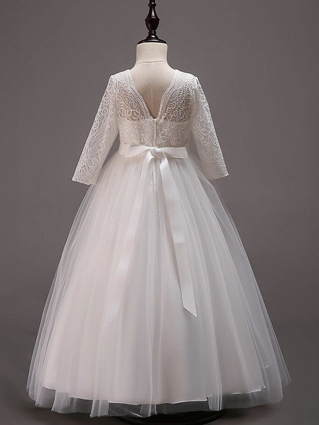 Half Sleeve Lace Tulle Jewel Neck Floor Length Flower Girl Dress With Cotton Belt-BallBride
