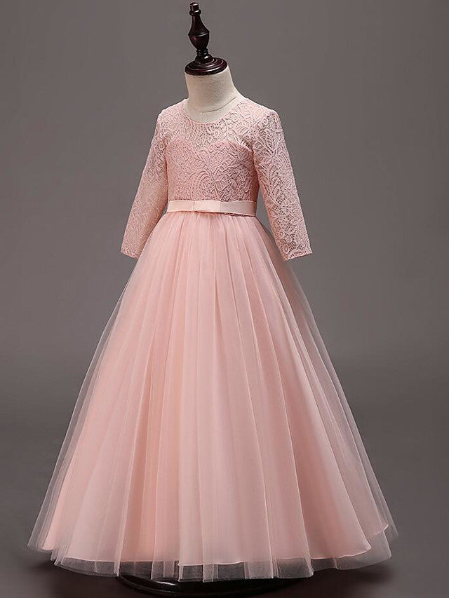 Half Sleeve Lace Tulle Jewel Neck Floor Length Flower Girl Dress With Cotton Belt-BallBride