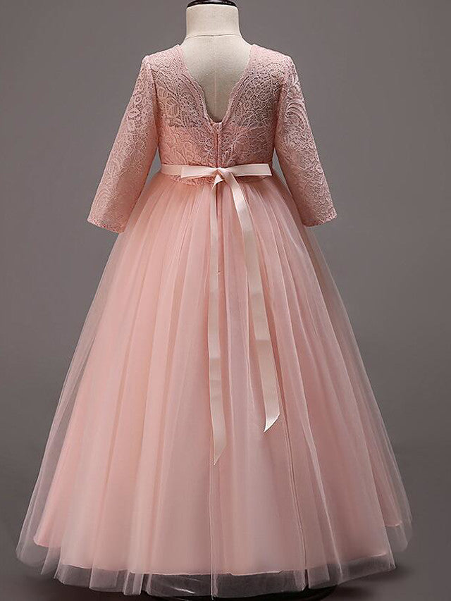 Half Sleeve Lace Tulle Jewel Neck Floor Length Flower Girl Dress With Cotton Belt-BallBride