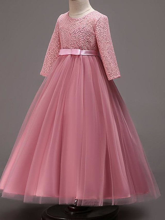Half Sleeve Lace Tulle Jewel Neck Floor Length Flower Girl Dress With Cotton Belt-BallBride