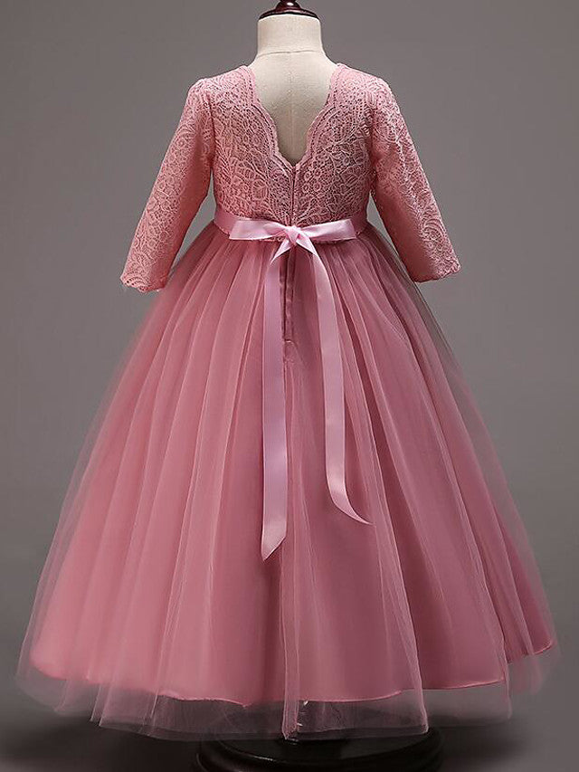 Half Sleeve Lace Tulle Jewel Neck Floor Length Flower Girl Dress With Cotton Belt-BallBride