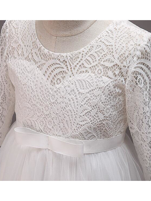 Half Sleeve Lace Tulle Jewel Neck Floor Length Flower Girl Dress With Cotton Belt-BallBride