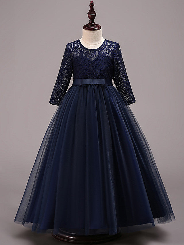 Half Sleeve Lace Tulle Jewel Neck Floor Length Flower Girl Dress With Cotton Belt-BallBride
