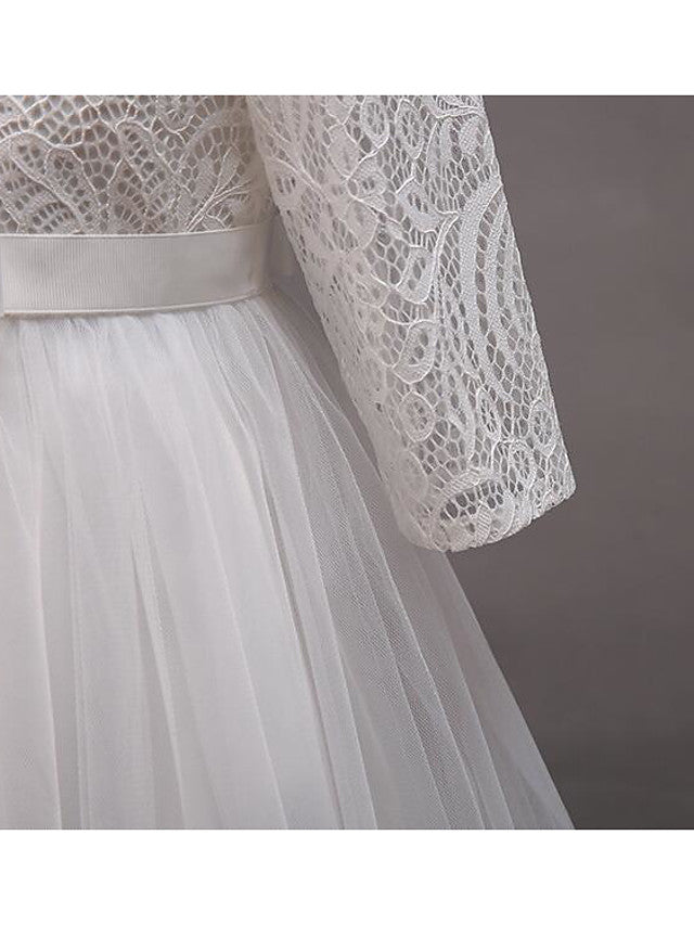 Half Sleeve Lace Tulle Jewel Neck Floor Length Flower Girl Dress With Cotton Belt-BallBride
