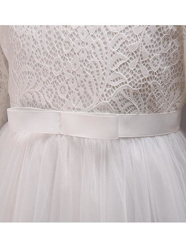 Half Sleeve Lace Tulle Jewel Neck Floor Length Flower Girl Dress With Cotton Belt-BallBride