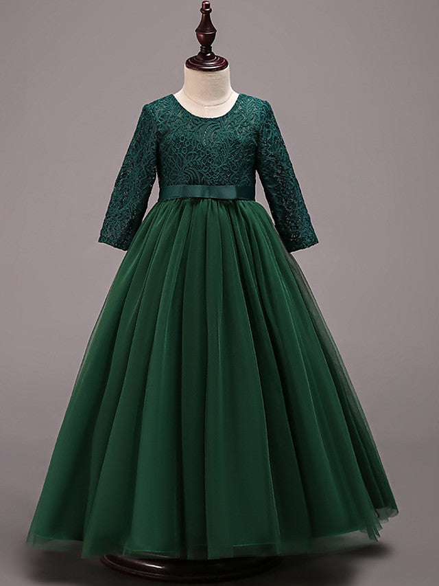 Half Sleeve Lace Tulle Jewel Neck Floor Length Flower Girl Dress With Cotton Belt-BallBride