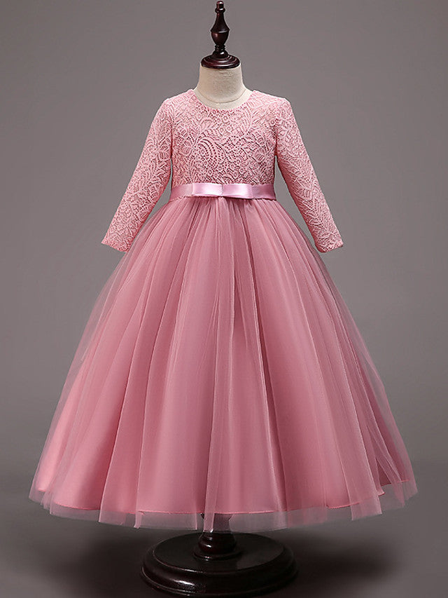 Half Sleeve Lace Tulle Jewel Neck Floor Length Flower Girl Dress With Cotton Belt-BallBride