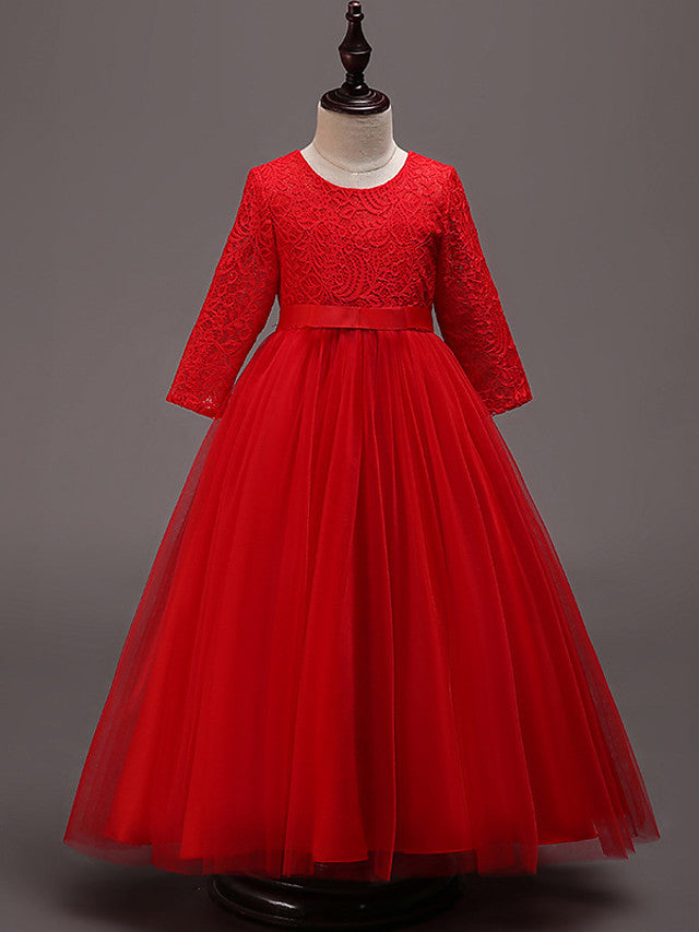 Half Sleeve Lace Tulle Jewel Neck Floor Length Flower Girl Dress With Cotton Belt-BallBride