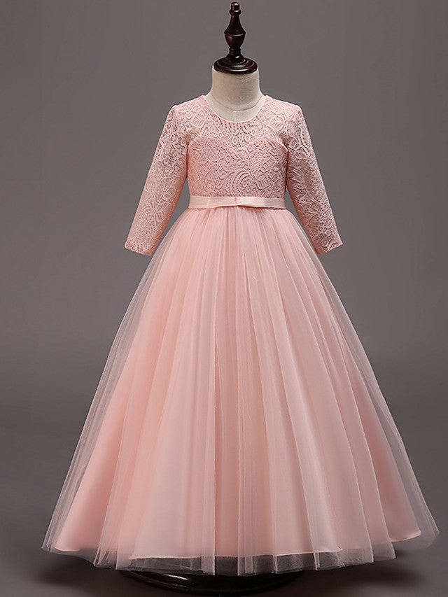 Half Sleeve Lace Tulle Jewel Neck Floor Length Flower Girl Dress With Cotton Belt-BallBride