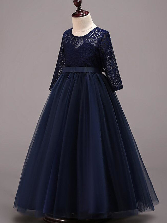 Half Sleeve Lace Tulle Jewel Neck Floor Length Flower Girl Dress With Cotton Belt-BallBride
