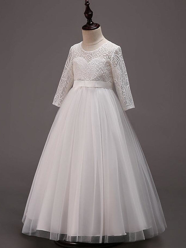 Half Sleeve Lace Tulle Jewel Neck Floor Length Flower Girl Dress With Cotton Belt-BallBride