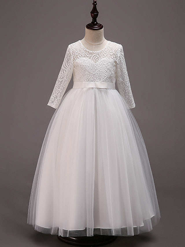 Half Sleeve Lace Tulle Jewel Neck Floor Length Flower Girl Dress With Cotton Belt-BallBride
