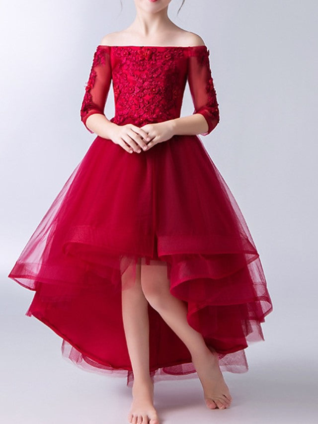 Half Sleeve Off Shoulder A-Line Flower Girl Dresses Tulle With Beading Appliques-BallBride