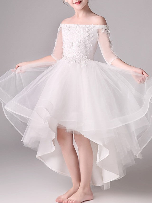 Half Sleeve Off Shoulder A-Line Flower Girl Dresses Tulle With Beading Appliques-BallBride