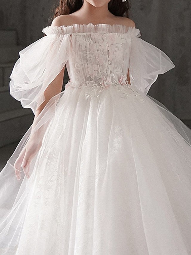 Half Sleeve Off Shoulder Flower Girl Dress with Appliques for Ball Gowns-BallBride