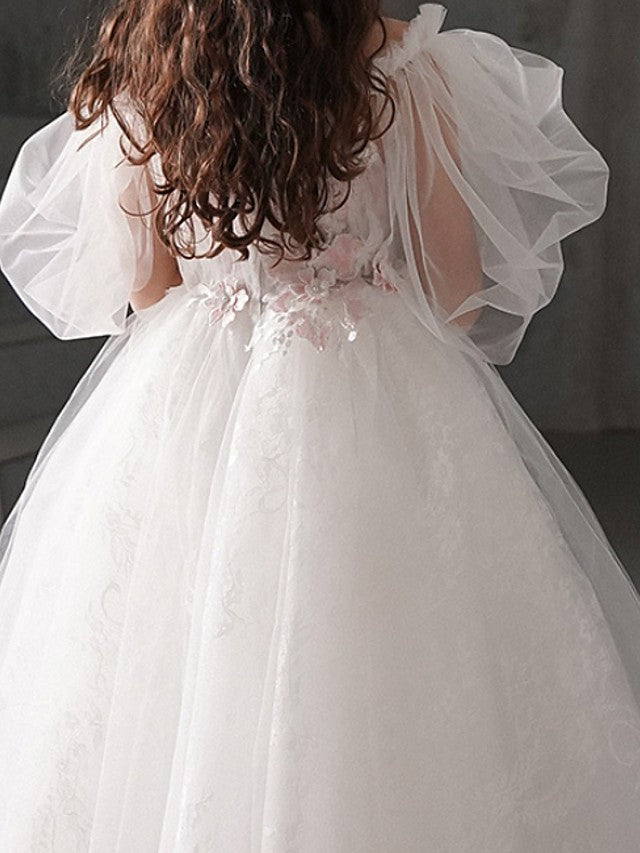 Half Sleeve Off Shoulder Flower Girl Dress with Appliques for Ball Gowns-BallBride