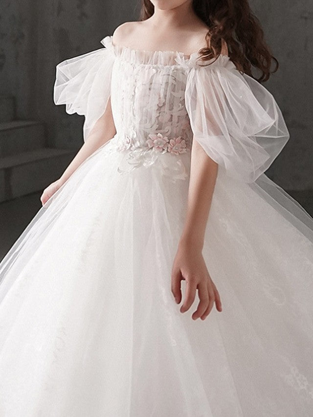 Half Sleeve Off Shoulder Flower Girl Dresses Polyester With Appliques-BallBride