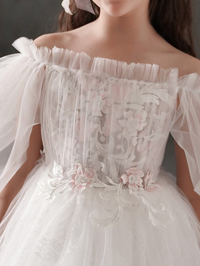 Half Sleeve Off Shoulder Flower Girl Dresses Polyester With Appliques-BallBride