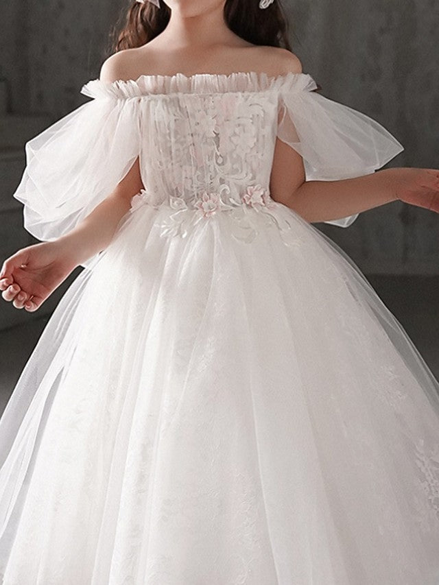 Half Sleeve Off Shoulder Flower Girl Dresses Polyester With Appliques-BallBride
