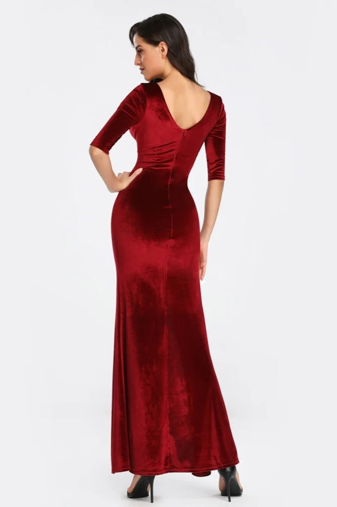 Half Sleeve Velvet Prom Dresses Long Split Evening Gowns-BallBride