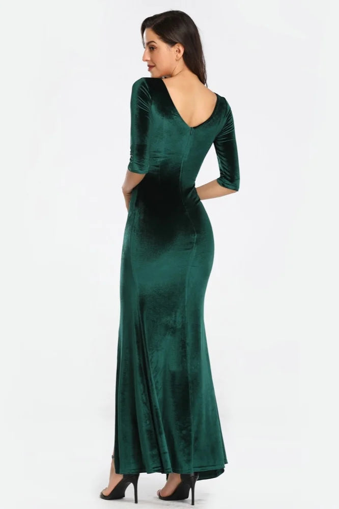 Half Sleeve Velvet Prom Dresses Long Split Evening Gowns-BallBride