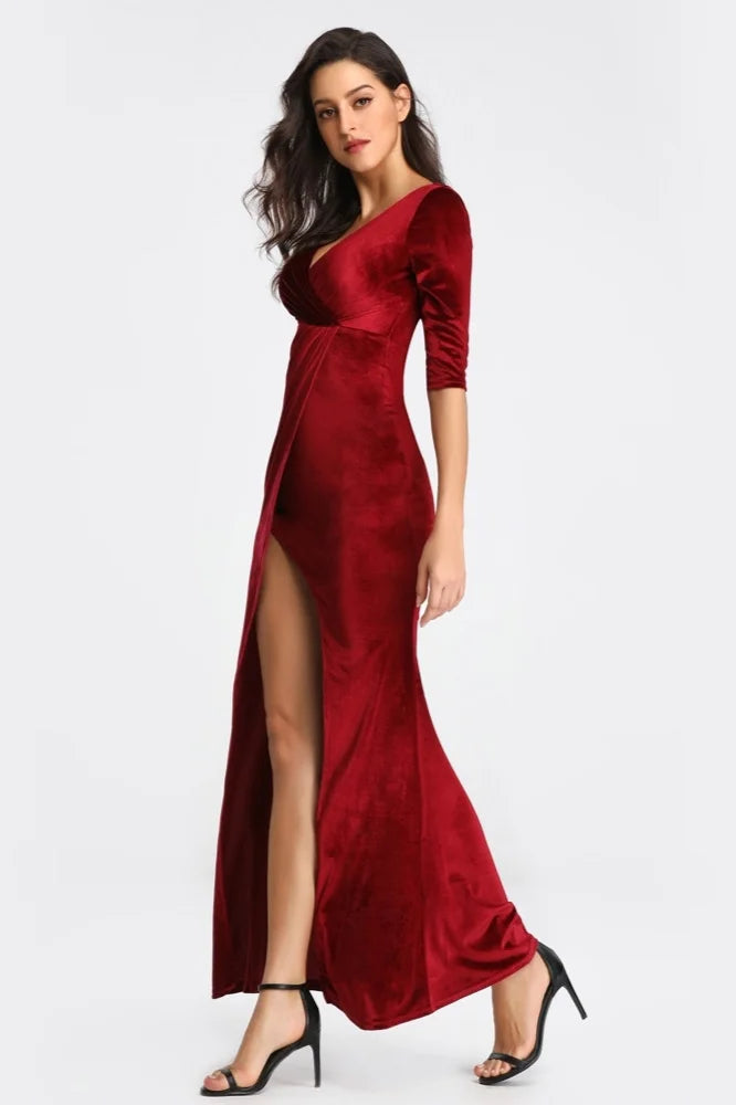 Half Sleeve Velvet Prom Dresses Long Split Evening Gowns-BallBride