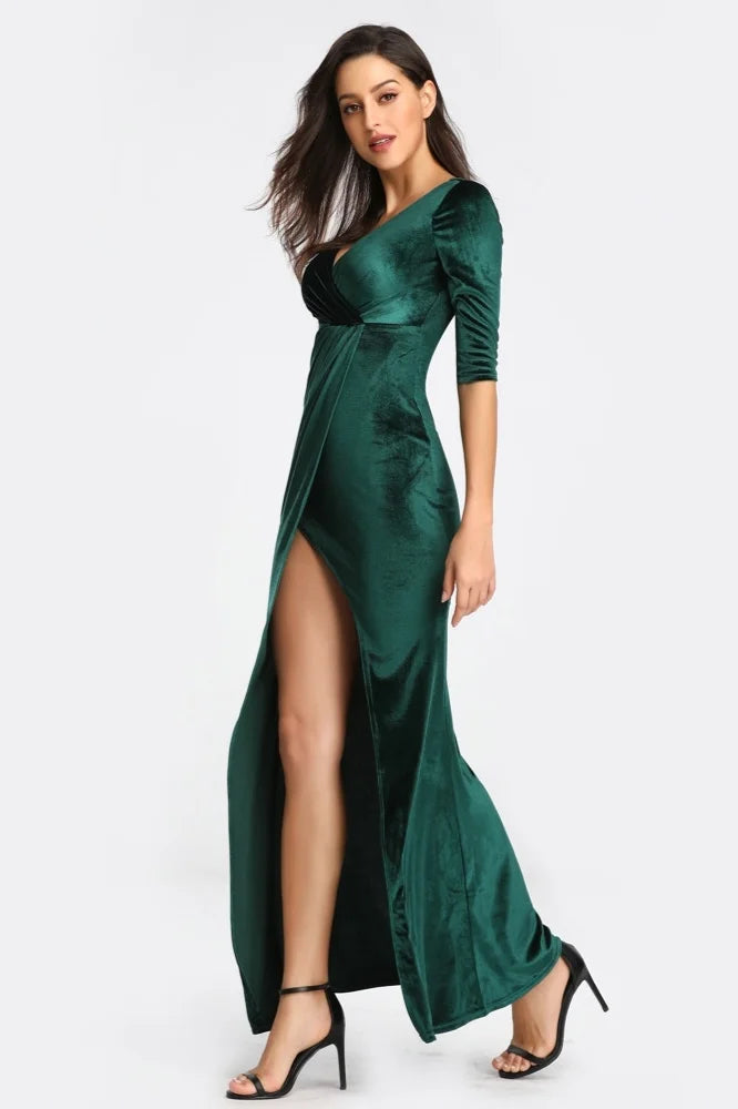 Half Sleeve Velvet Prom Dresses Long Split Evening Gowns-BallBride