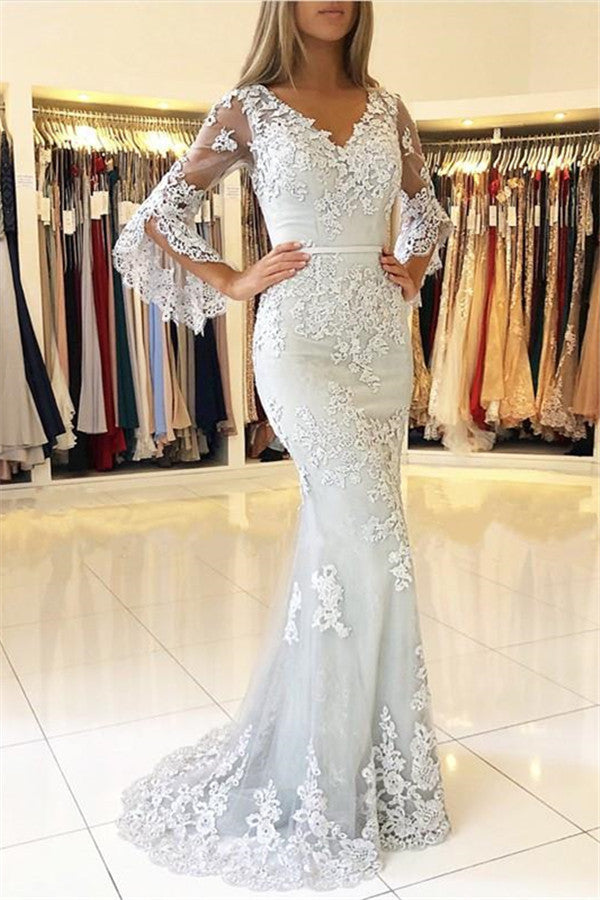 Half Sleeves Appliques Fit and Flare Long Prom Dresses-BallBride