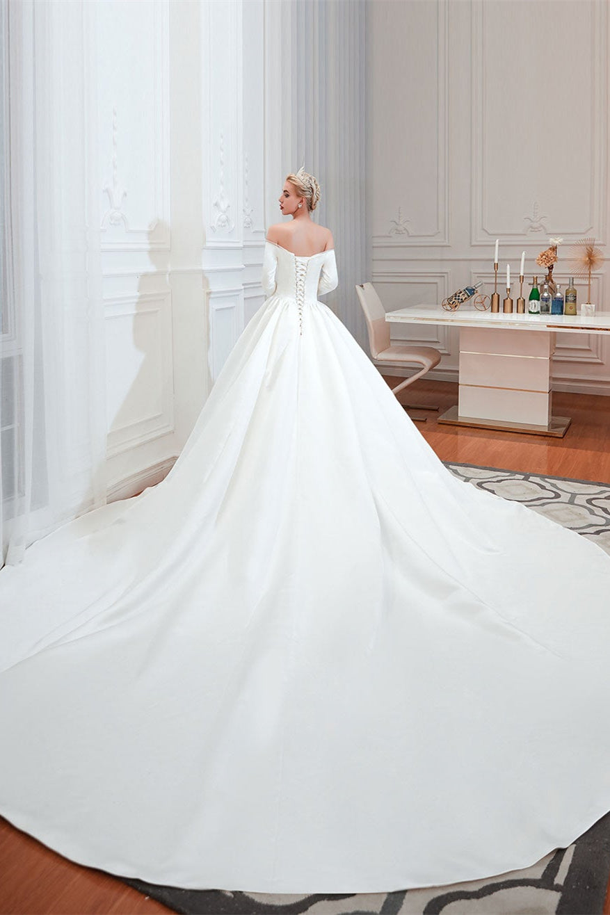 Half-Sleeves Satin Off-the-Shoulder Wedding Dress-BallBride