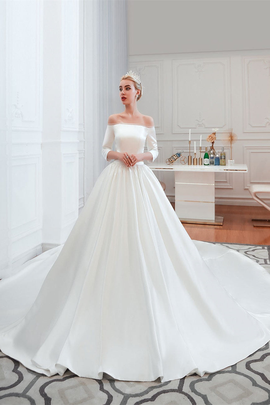 Half-Sleeves Satin Off-the-Shoulder Wedding Dress-BallBride
