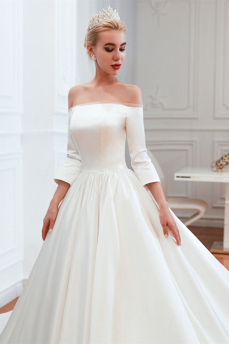 Half-Sleeves Satin Off-the-Shoulder Wedding Dress-BallBride