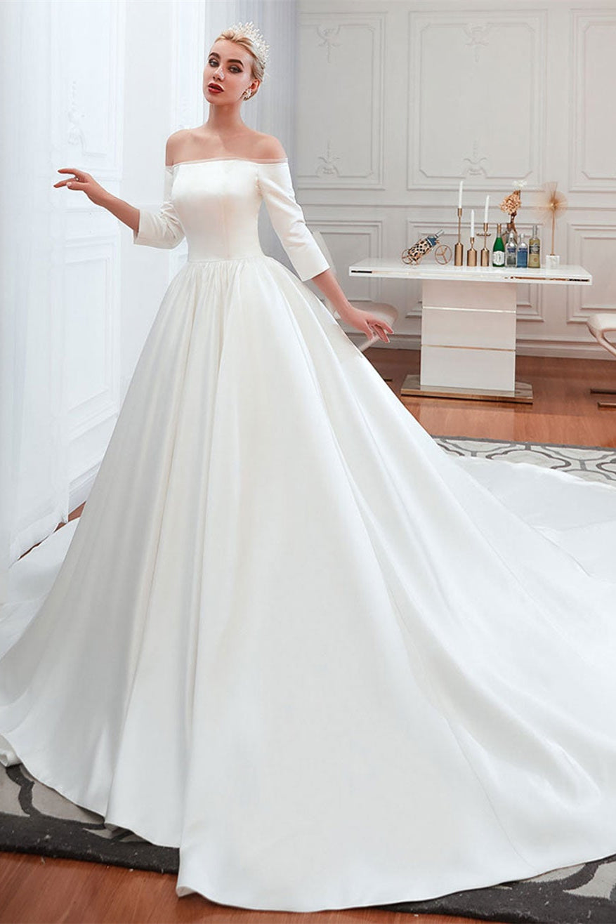Half-Sleeves Satin Off-the-Shoulder Wedding Dress-BallBride