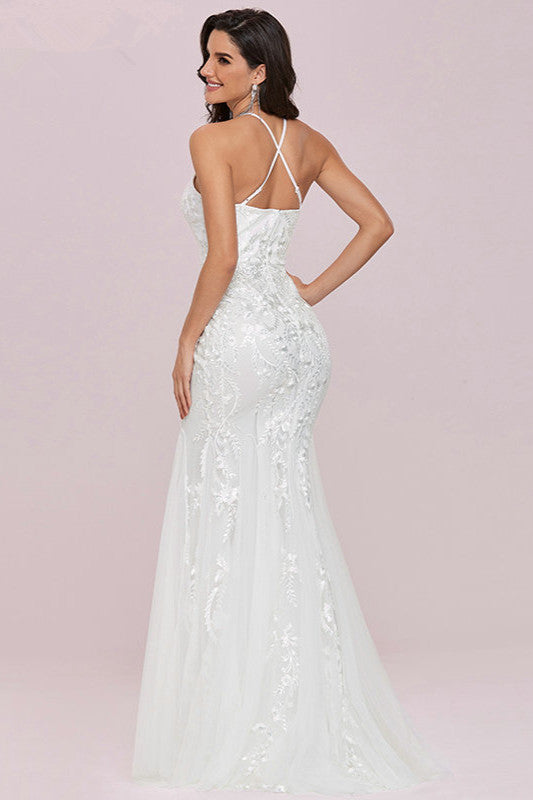 Halter Mermaid Lace Wedding Gowns with Sleeveless Design-BallBride
