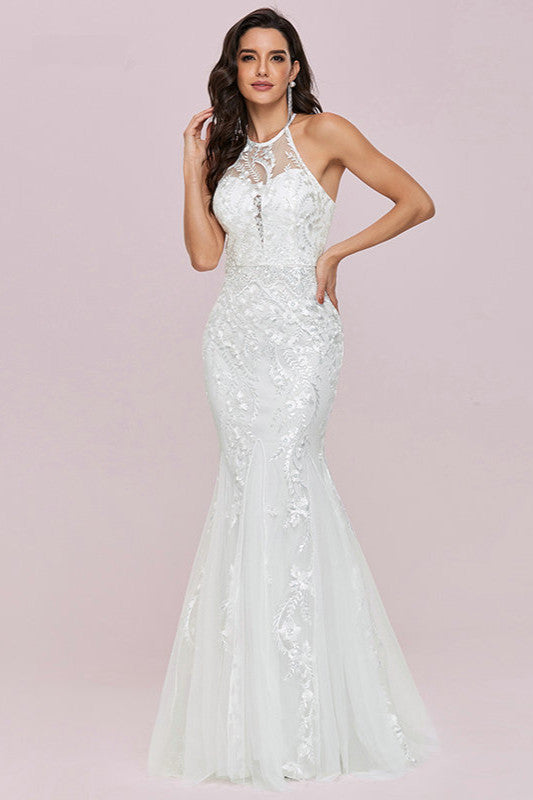 Halter Mermaid Lace Wedding Gowns with Sleeveless Design-BallBride