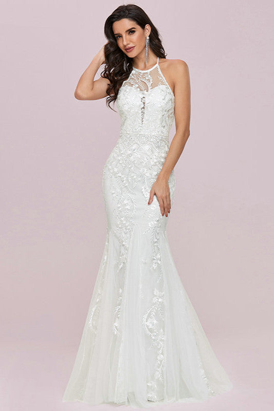 Halter Mermaid Lace Wedding Gowns with Sleeveless Design-BallBride